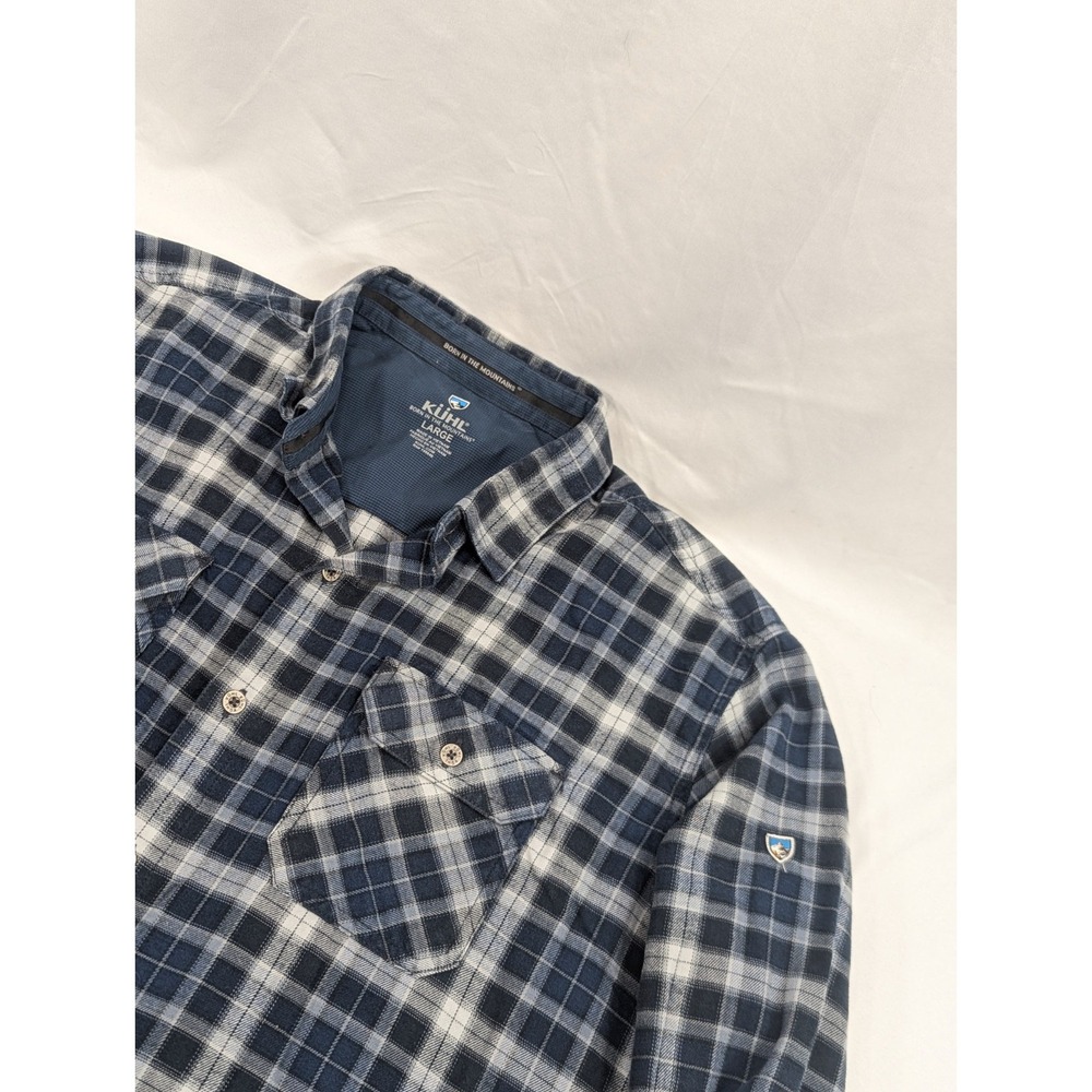 Kuhl Mens Long‎ Sleeve Button Up Flannel Shirt Plaid Blue Black Metal Bttn Large